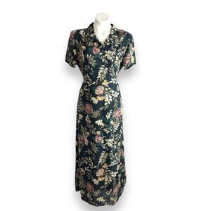 Vtg Maxi Dress Floral Side Slit Short Sleeve CDC Sz 10 Old Money Coastal Gramma